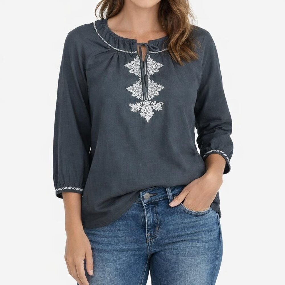 CAROLL Gray Cotton Blouse V-Neck Neck Chubby Chick Top sz S/M
